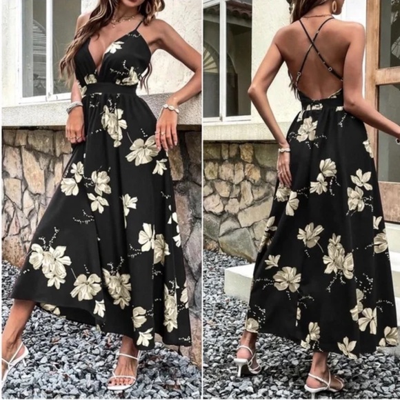Boho Burgundy Floral Print Backless Maxi Dress - Picture 6 of 6